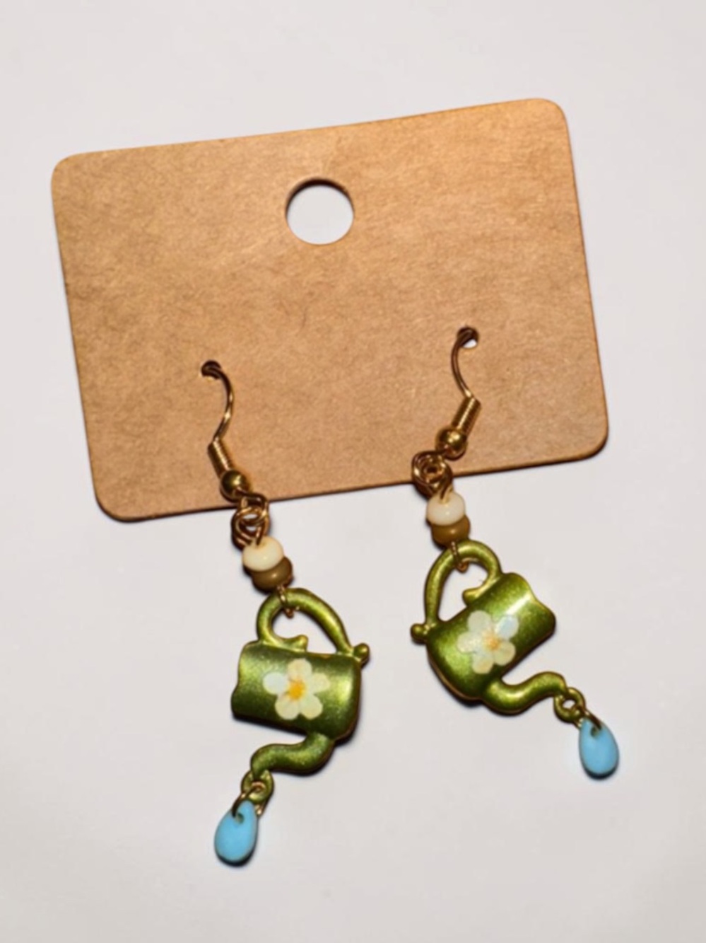 Handcrafted Green Teapot Dangle Earrings with Blue Droplet
